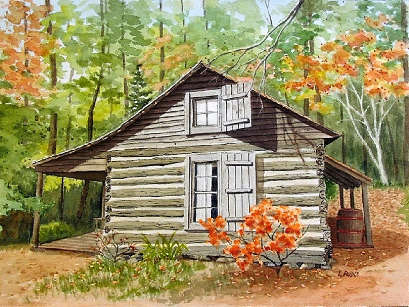 Log cabin watercolor original fall foliage autumn landscape Etsy