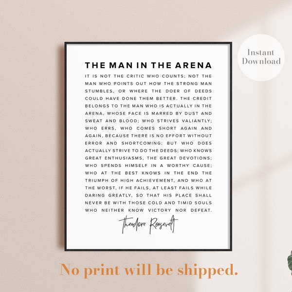 The man in the arena, Motivational Wall Art, Print, Office Decor, Inspirational Wall Art, PRINTABLE, Graduation Gift, theodore roosevelt