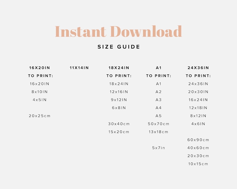 May include: A size guide for printable art prints, showing different sizes in inches and centimetres. The guide includes standard sizes like 16x20 inches, 18x24 inches, and 24x36 inches, as well as international paper sizes like A1, A2, A3, A4, and A5.