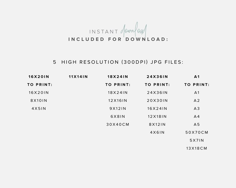 May include: A digital download of five high-resolution (300 DPI) JPG files for printing. The image shows the different sizes available for printing, including 16x20 inches, 18x24 inches, 24x36 inches, and A1 size.