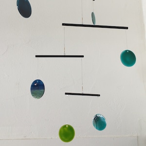 KINETIC MOBILE - Shades of Blue -Glass or Acrylic - Blues, Apple Green, eggplant - 4 levels, 6-light - 360 degree Movement!! Modern