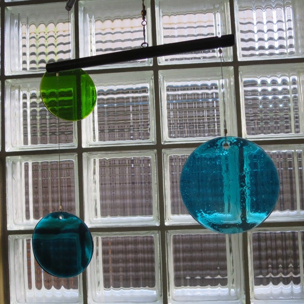 KINETIC MOBILE ART - Sea Glass Blues Mobile - OceanS of Blues & Apple Green, 3 levels, 5 glass or Acrylic pieces. Stunning!