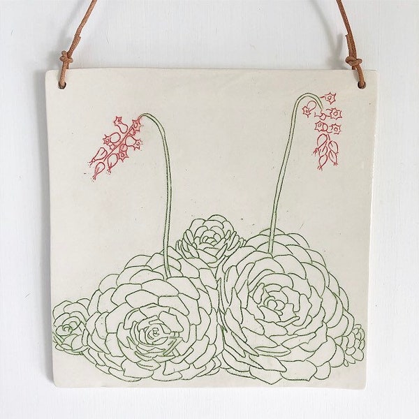 Echeveria Imbricata and flower blooms Succulent ceramic wall hanging, mishima black and white