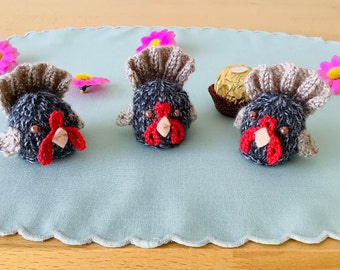Hand knitted turkey for Thanksgiving, Christmas or Easter. Cover for a Ferrero Rocher chocolate or similar.