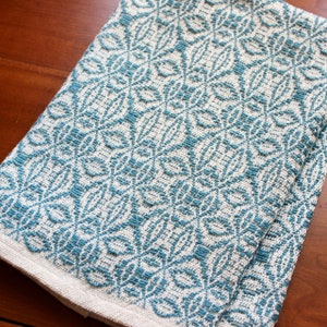 Handwoven Towel Dish Chef Kitchen Cotton Linen Off White Natural Soft Teal Blue Dusty Turquoise Overshot Hand Woven