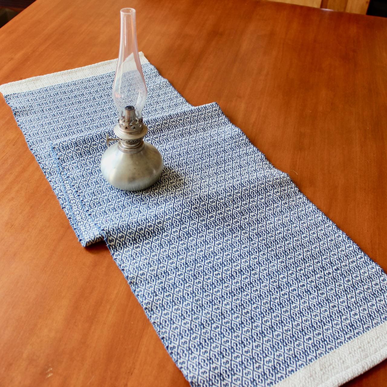 Hand Woven Table Runner Handwoven Perle Cotton Blue off