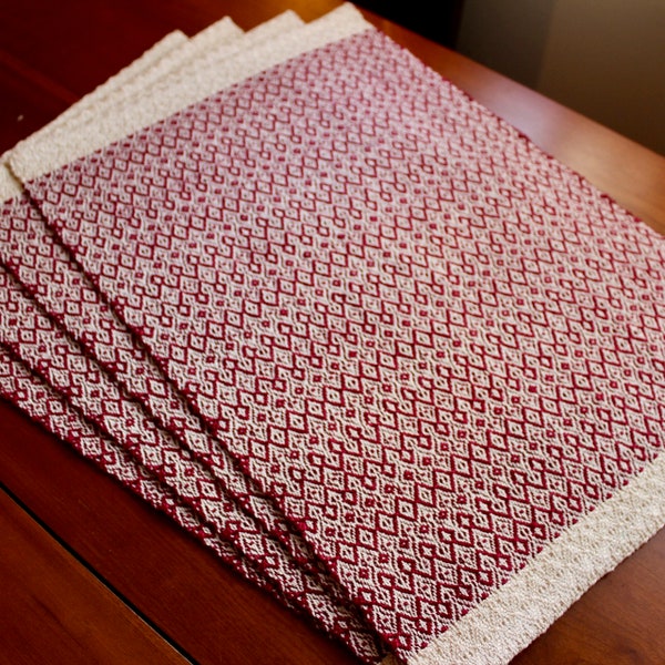 Placemats Handwoven Set of Four Hand Woven Place Mats 4 Cotton Wine Burgundy Red Off White Natural Fancy Twill