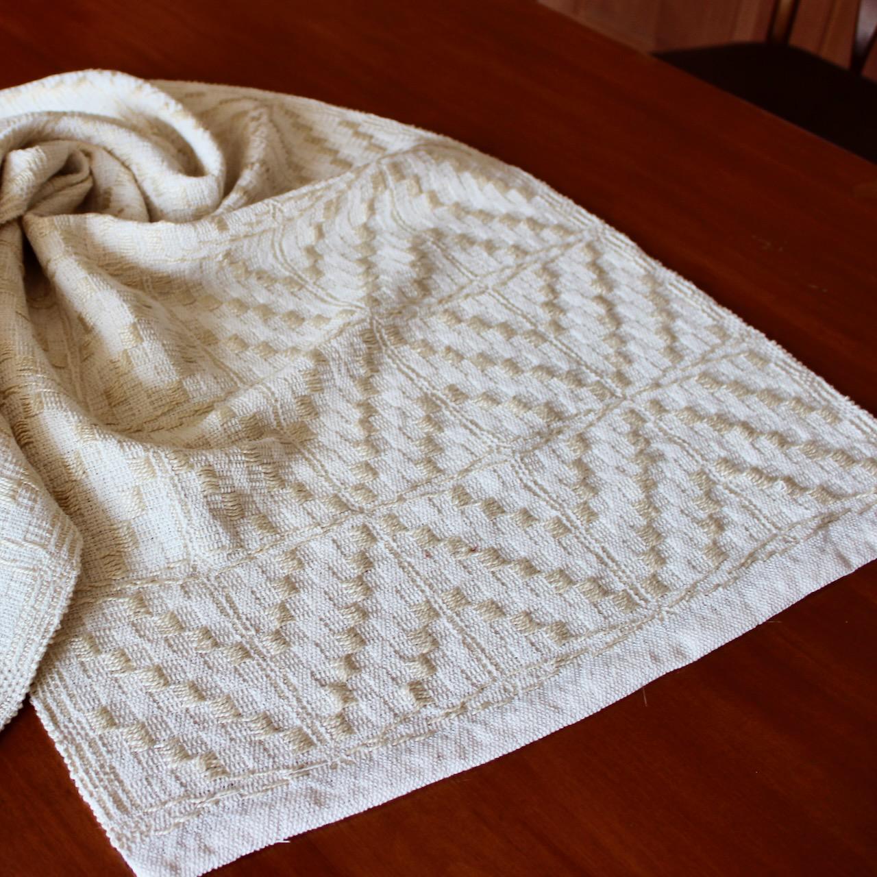 Hand Woven Table Runner Handwoven Cotton White on White Natural Overshot Dresser Scarf John Madison Star Monochrome 48 x 20 Inches