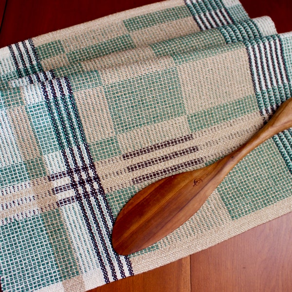 Handwoven Kitchen Towel Hand Woven Cotton Linen Chef Dish Natural Brown Unbleached Tan Dark Forest Green Asymmetric