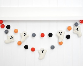 Classic Halloween Ghost Garland - Orange, Black, and Gray Felt Balls