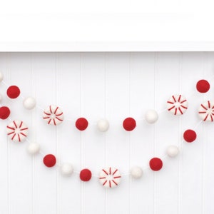 Felt Peppermint Garland - Red and White Christmas Tree Decoration - Holiday Pom Pom Bunting