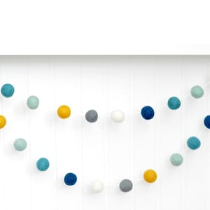 Baby Boy Nursery Garland - Baby Shower Decoration - Navy, Mint, Mustard, and Gray Felt Balls