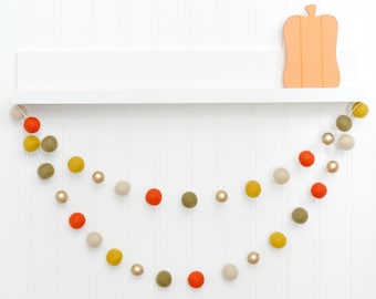 Fall Garland, Fall Decor, October Decor, Fall Banner, Thanksgiving Garland, Thanksgiving Banner, Orange and Mustard Felt Ball Garland, Pom