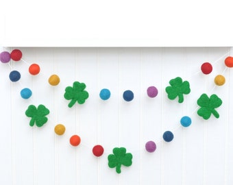 Rainbow Shamrock Garland - St. Patrick's Day Mantel Decoration - Wool Felt Balls (1 inch size)