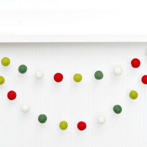 Classic Christmas Decor - Holiday Tree Garland - 1 inch Wool Felt Balls - Red Green and White - Pom Pom Bunting