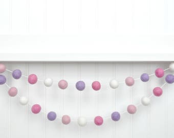 Valentines Day Garland - Pink, Purple, and White Felt Balls - Tier Tray - Mantel Decoration - Girls Room - Wall Hanging
