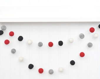 Buffalo Plaid Christmas Decoration - Holiday Party Garland - Pom Pom Felt Balls - Red, Gray, Black, and White