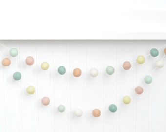 Farmhouse Spring Garland for Mantel - Easter Bunting - Wool Pom Poms