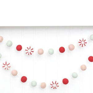 Pink Peppermint Decoration - Christmas Garland - Red, Blush, and Pastel Mint Wool Felt Balls