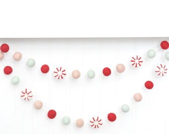 Pink Peppermint Decoration - Christmas Garland - Red, Blush, and Pastel Mint Wool Felt Balls