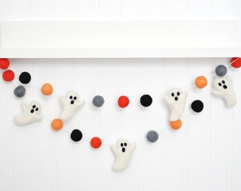 Halloween Decoration - Felt Ghosts - Felt Ball Garland - Fall Decor - Wool Bunting - Pom Poms - Orange Gray Black