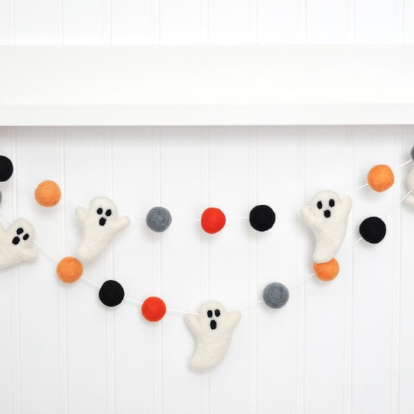 Halloween Decoration - Felt Ghosts - Felt Ball Garland - Fall Decor - Wool Bunting - Pom Poms - Orange Gray Black