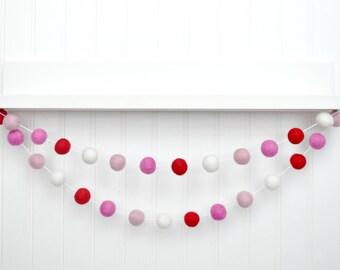 Valentine's Felt Ball Garland - Red, Pink, White Wool Felt Balls (2.5 cm) 1 inch - Love Day Bunting