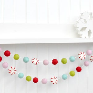 Peppermint Garland Christmas Banner Tree Decoration Red Pink Blue Green Felt Balls image 4