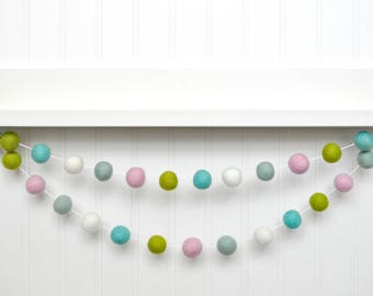 Pink and Green Nursery Decor, Pink and Blue Girls Room Decor Green and Pink Pom Pom Garland Blue and Pink Nursery Garland, Felt Ball Garland