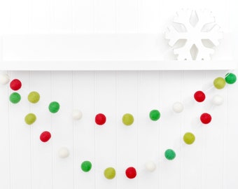 Christmas Felt Ball Garland: Red, Green, and White Wool Bunting