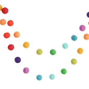 Rainbow Felt Ball Garland: 100% Wool Pom Pom Banner