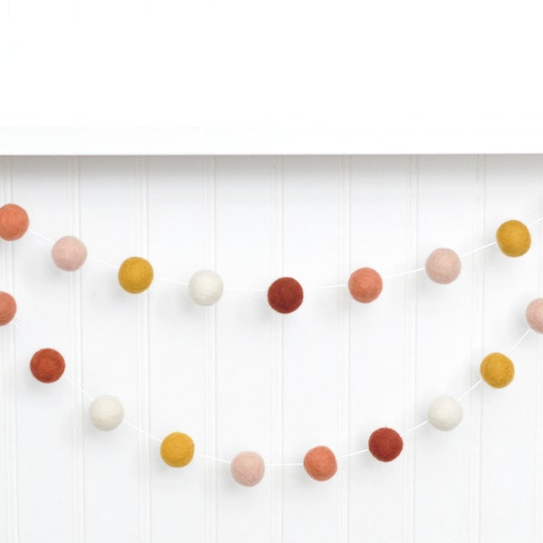 Neutral Rainbow Garland - Muted Boho Nursery Decor - Coral Blush Playroom - Wool Felt Balls