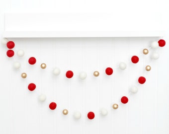 Classic Christmas Tree Decoration - Traditional Holiday Bunting - Wool Felt Balls - Red, White, and Gold