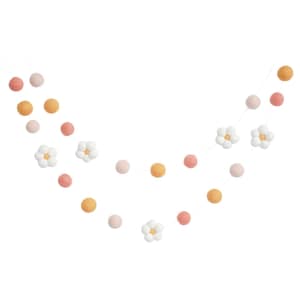 Ghirlanda di margherite in feltro - Decorazione boho - Pompon di lana per bambini arcobaleno tenue