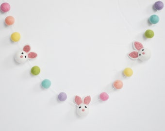 Easter Bunny Garland - Spring Decoration - Bright Rainbow Felt Balls