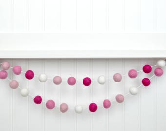 Classic Valentine's Day Decor - Felt Ball Garland - Pink and White - Mantel Decoration