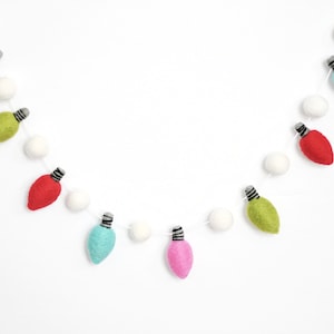 Felt Light Garland - Bright Christmas Tree Decoration - Pink, Red, Aqua, and Green Wool Balls