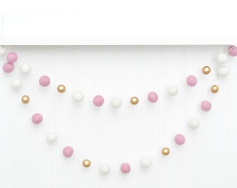 Pink and Gold Nursery Decor, Pink Nursery Garland, Gold and Pink Felt Ball Garland, Pink and Gold Bunting, Pink Gold Baby Shower Decor, Pom