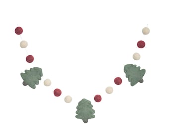 Farmhouse Christmas felt ball garland - Burgundy, Cream, and Green wool pom poms - Mantel Decoration