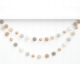 Gender Neutral Nursery Decor, Woodland Nursery, Rustic Nursery Garland, Neutral Baby Shower, White and Gold Decor Felt Ball Garland Pom Pom