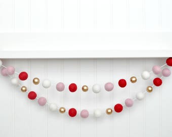 Valentines Day Decoration - Red, Pink, White and Gold - Felt Ball Garland - Wool Pom Poms (1 inch size)