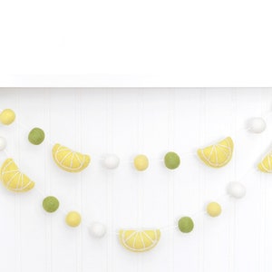Citrus Lemon Party - Summer Decor - Felt Ball Garland - Yellow, Green, and White Felt Balls