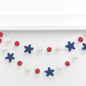 July 4th Felt Star Garland -Red, White, and Navy felt balls and stars - Patriotic Decoration - Fourth of July Mantle Decor - Pom Pom Garland