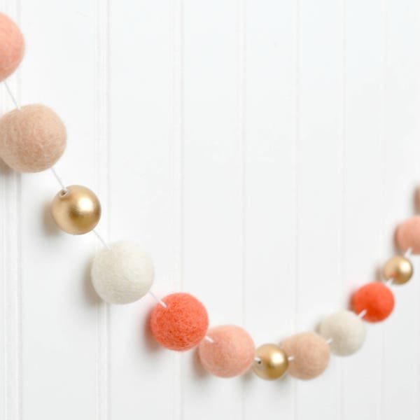 Coral and Gold Nursery, Coral Nursery Decor, Peach and Gold Nursery Garland, Gold and Coral Felt Ball Garland, Peach Baby Shower Decor, Girl