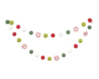 Christmas Peppermint Felt Ball Garland - Red and Green Pom Poms
