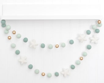 Mint and Gold Nursery Garland - Felt Ball Garland - Pom Pom Garland - Baby Shower Decor - Party Decoration - Star Bunting - Nursery Hanging