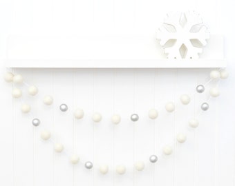White and Silver Christmas Decoration - Felt Ball Garland - Mantle - Tree Bunting