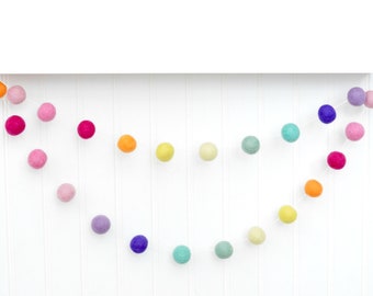 Rainbow Felt Ball Garland - Birthday Banner - Party Decoration - Girls Room Decor - Wool Pom Poms