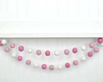 Pink Nursery Decor, Pink and White Pom Pom Garland, Felt Ball Garland, Baby Girl Baby Shower Decorations,  Nursery Wall Hanging, Felt Balls