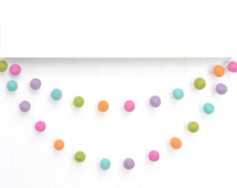 Bright Spring Garland - Easter Bunting - Pink, Purple, Blue, Green and Orange Wool Felt Balls